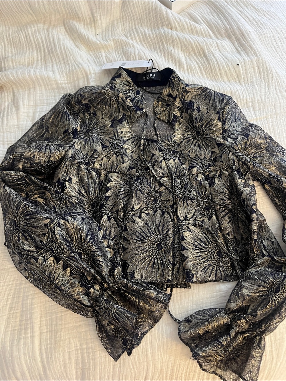 AKIRA Black and Gold Metallic Floral Jacquard Blouse